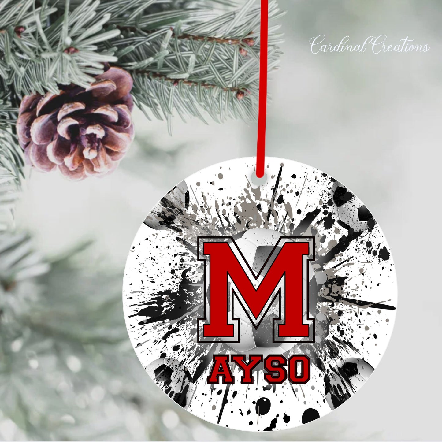 Ornament Montgomery AYSO Red M with Soccer Ball BG