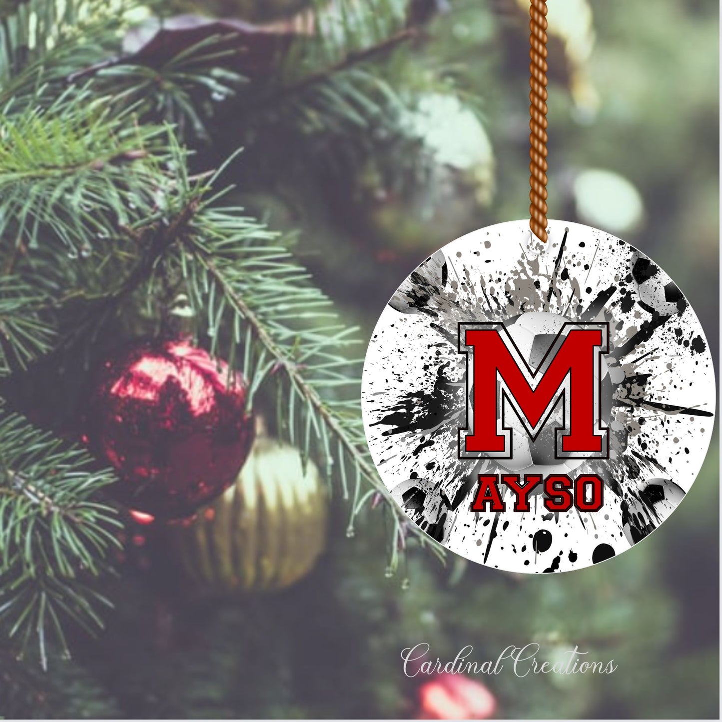Ornament Montgomery AYSO Red M with Soccer Ball BG