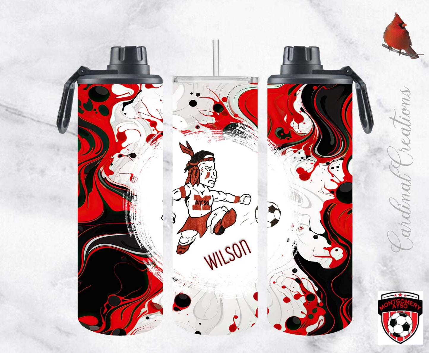 Montgomery AYSO Red & Black Ink in Motion 20oz Tumbler