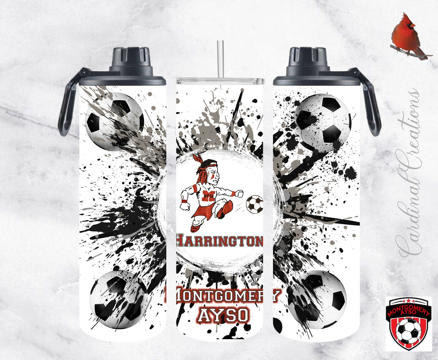 Montgomery AYSO Soccer Ball Splatter 20oz Tumbler